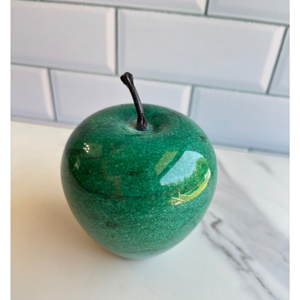 Vintage Green Marble Apple Paperweight Solid Stone Desk Decor with Stem Boxed - Picture 4 of 7